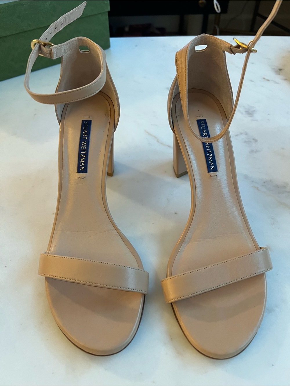 Stuart Weitzman Nudist Block-Heel Sandal (Size 37) - Beige Leather